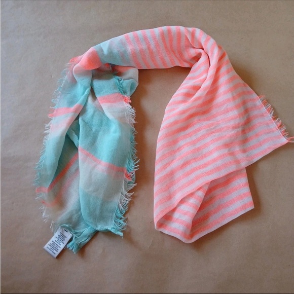 Sheer Rectangle Neck Scarf Wrap Neon Orange & Aqua Stripe - Picture 1 of 5